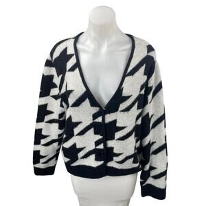H&M Divided Black White Wool Houndstooth Long Sleeve Knit Cardigan Sweater Sz L